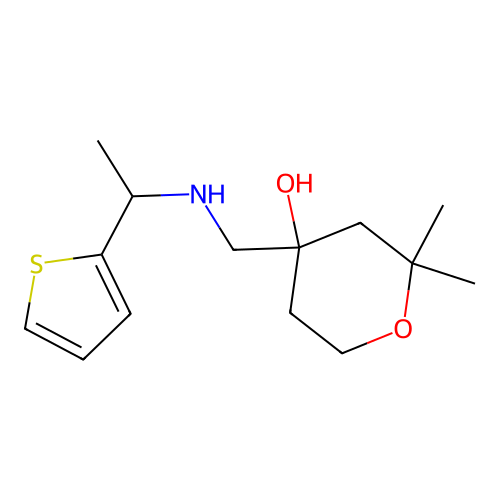 2,2-dimethyl-4-(((1-(thiophen-2-yl)ethyl)amino)methyl)tetrahydro-2H-pyran-4-ol structure
