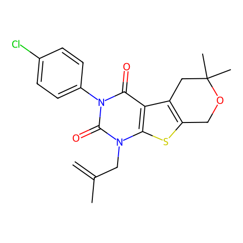 3-(4-chlorophenyl)-6,6-dimethyl-1-(2-methylallyl)-5,6-dihydro-1H-pyrano[4',3':4,5]thieno[2,3-d]pyrimidine-2,4(3H,8H)-dione structure