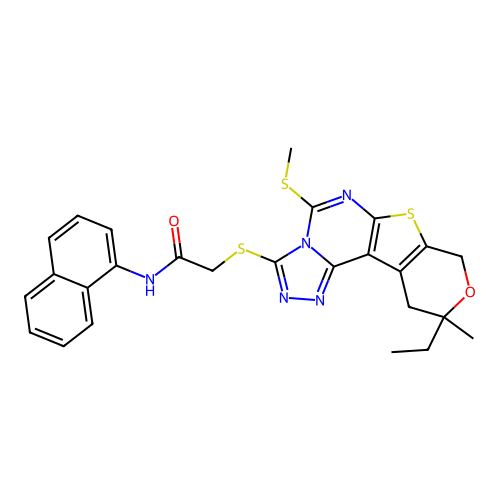 2-((10-ethyl-10-methyl-5-(methylthio)-10,11-dihydro-8H-pyrano[4',3':4,5]thieno[3,2-e][1,2,4]triazolo[4,3-c]pyrimidin-3-yl)thio)-N-(naphthalen-1-yl)acetamide structure