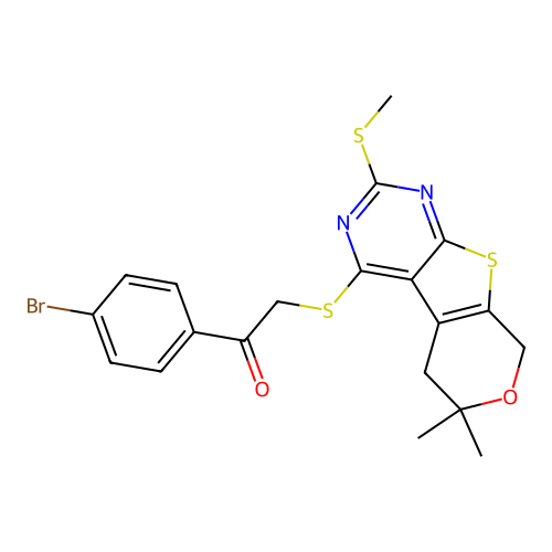 1-(4-bromophenyl)-2-((6,6-dimethyl-2-(methylthio)-6,8-dihydro-5H-pyrano[4',3':4,5]thieno[2,3-d]pyrimidin-4-yl)thio)ethanone structure