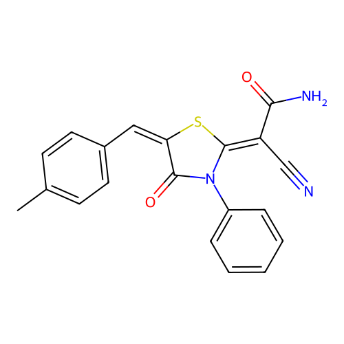 (Z)-2-cyano-2-((E)-5-(4-methylbenzylidene)-4-oxo-3-phenylthiazolidin-2-ylidene)acetamide structure