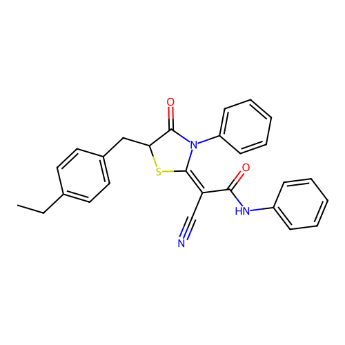 (E)-2-cyano-2-(5-(4-ethylbenzyl)-4-oxo-3-phenylthiazolidin-2-ylidene)-N-phenylacetamide structure