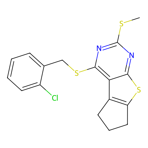 4-((2-chlorobenzyl)thio)-2-(methylthio)-6,7-dihydro-5H-cyclopenta[4,5]thieno[2,3-d]pyrimidine structure