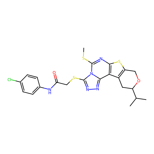 N-(4-chlorophenyl)-2-((10-isopropyl-5-(methylthio)-10,11-dihydro-8H-pyrano[4',3':4,5]thieno[3,2-e][1,2,4]triazolo[4,3-c]pyrimidin-3-yl)thio)acetamide structure