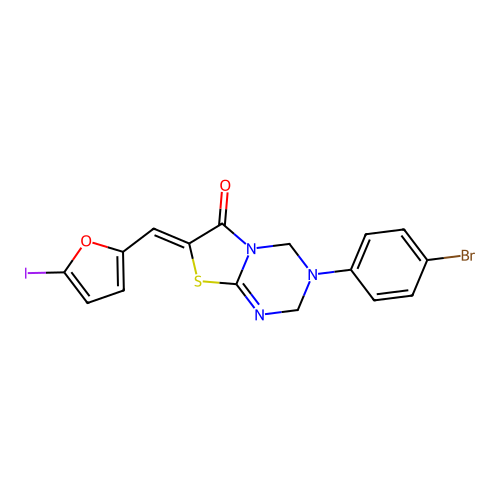 (7Z)-3-(4-bromophenyl)-7-[(5-iodofuran-2-yl)methylidene]-2,4-dihydro-[1,3]thiazolo[3,2-a][1,3,5]triazin-6-one structure