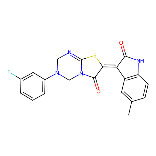 (7Z)-3-(3-fluorophenyl)-7-(5-methyl-2-oxo-1,2-dihydro-3H-indol-3-ylidene)-3,4-dihydro-2H-[1,3]thiazolo[3,2-a][1,3,5]triazin-6(7H)-one structure