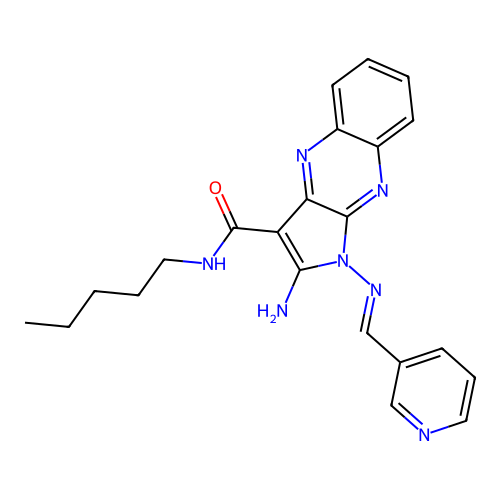 (E)-2-amino-N-pentyl-1-((pyridin-3-ylmethylene)amino)-1H-pyrrolo[2,3-b]quinoxaline-3-carboxamide structure