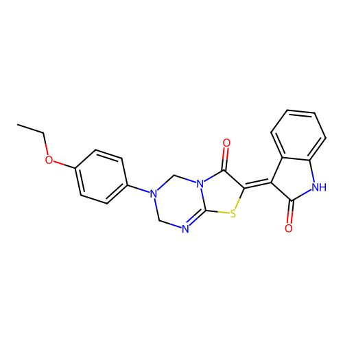 (7Z)-3-(4-ethoxyphenyl)-7-(2-oxo-1,2-dihydro-3H-indol-3-ylidene)-3,4-dihydro-2H-[1,3]thiazolo[3,2-a][1,3,5]triazin-6(7H)-one structure