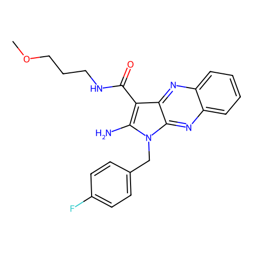 2-amino-1-(4-fluorobenzyl)-N-(3-methoxypropyl)-1H-pyrrolo[2,3-b]quinoxaline-3-carboxamide structure