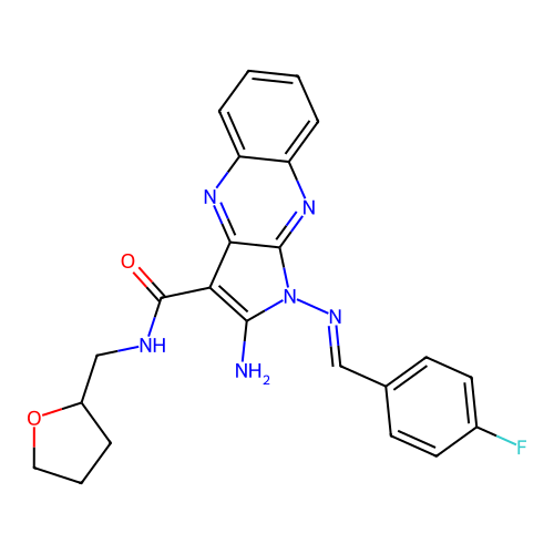 (E)-2-amino-1-((4-fluorobenzylidene)amino)-N-((tetrahydrofuran-2-yl)methyl)-1H-pyrrolo[2,3-b]quinoxaline-3-carboxamide structure