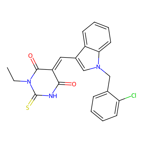 (5E)-5-[[1-[(2-chlorophenyl)methyl]indol-3-yl]methylidene]-1-ethyl-2-sulfanylidene-1,3-diazinane-4,6-dione structure