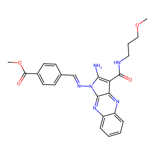 (E)-methyl 4-(((2-amino-3-((3-methoxypropyl)carbamoyl)-1H-pyrrolo[2,3-b]quinoxalin-1-yl)imino)methyl)benzoate structure