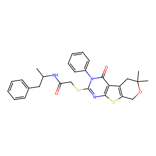 2-((6,6-dimethyl-4-oxo-3-phenyl-4,5,6,8-tetrahydro-3H-pyrano[4',3':4,5]thieno[2,3-d]pyrimidin-2-yl)thio)-N-(1-phenylpropan-2-yl)acetamide structure