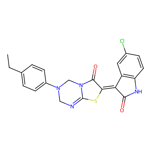 (7Z)-7-(5-chloro-2-oxo-1,2-dihydro-3H-indol-3-ylidene)-3-(4-ethylphenyl)-3,4-dihydro-2H-[1,3]thiazolo[3,2-a][1,3,5]triazin-6(7H)-one structure