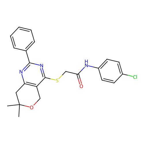 N-(4-chlorophenyl)-2-((7,7-dimethyl-2-phenyl-7,8-dihydro-5H-pyrano[4,3-d]pyrimidin-4-yl)thio)acetamide structure