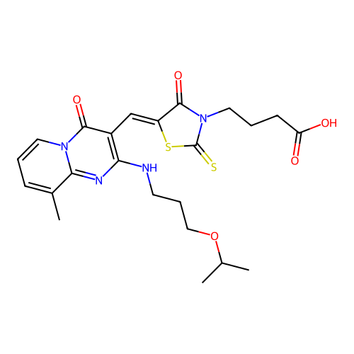 4-{(5Z)-5-[(9-methyl-4-oxo-2-{[3-(propan-2-yloxy)propyl]amino}-4H-pyrido[1,2-a]pyrimidin-3-yl)methylidene]-4-oxo-2-thioxo-1,3-thiazolidin-3-yl}butanoic acid structure