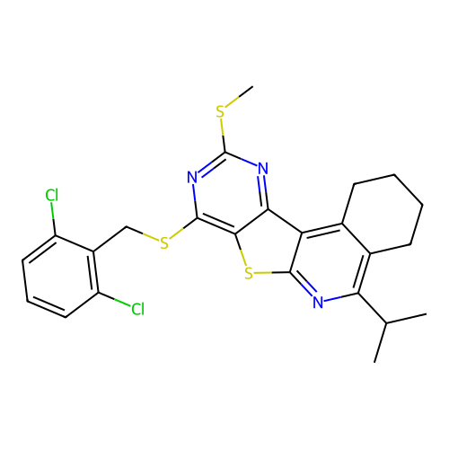 8-((2,6-dichlorobenzyl)thio)-5-isopropyl-10-(methylthio)-1,2,3,4-tetrahydropyrimido[4',5':4,5]thieno[2,3-c]isoquinoline structure