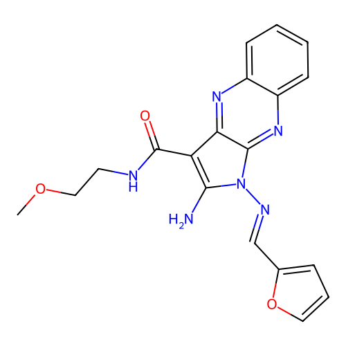 (E)-2-amino-1-((furan-2-ylmethylene)amino)-N-(2-methoxyethyl)-1H-pyrrolo[2,3-b]quinoxaline-3-carboxamide structure