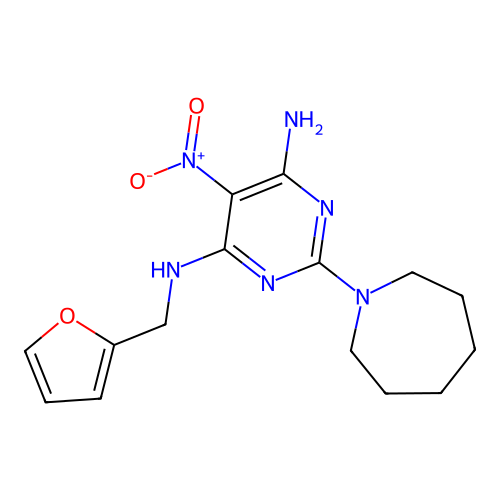 2-(azepan-1-yl)-N-(furan-2-ylmethyl)-5-nitropyrimidine-4,6-diamine structure