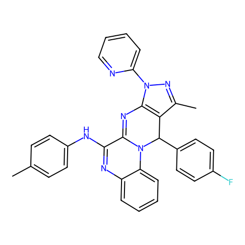 11-(4-fluorophenyl)-10-methyl-8-(pyridin-2-yl)-N-(p-tolyl)-8,11-dihydropyrazolo[3',4':4,5]pyrimido[1,2-a]quinoxalin-6-amine structure