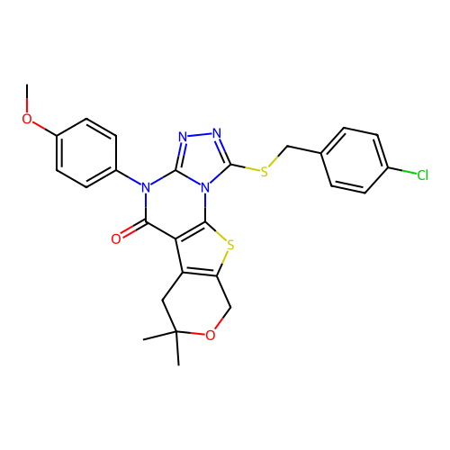 1-((4-chlorobenzyl)thio)-4-(4-methoxyphenyl)-7,7-dimethyl-6,7-dihydro-4H-pyrano[4',3':4,5]thieno[3,2-e][1,2,4]triazolo[4,3-a]pyrimidin-5(9H)-one structure