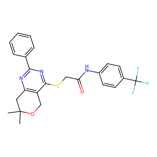 2-((7,7-dimethyl-2-phenyl-7,8-dihydro-5H-pyrano[4,3-d]pyrimidin-4-yl)thio)-N-(4-(trifluoromethyl)phenyl)acetamide structure