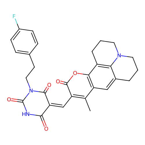 (Z)-1-(4-fluorophenethyl)-5-((9-methyl-11-oxo-2,3,5,6,7,11-hexahydro-1H-pyrano[2,3-f]pyrido[3,2,1-ij]quinolin-10-yl)methylene)pyrimidine-2,4,6(1H,3H,5H)-trione structure
