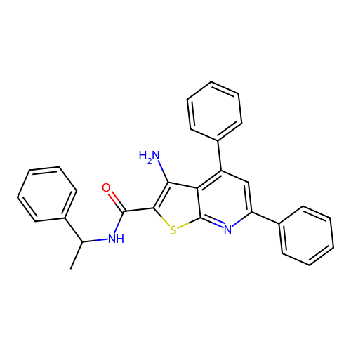 3-amino-4,6-diphenyl-N-(1-phenylethyl)thieno[2,3-b]pyridine-2-carboxamide structure