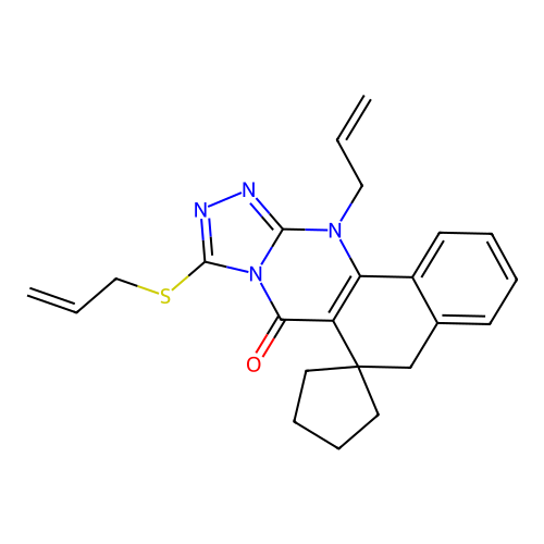12-allyl-9-(allylthio)-5H-spiro[benzo[h][1,2,4]triazolo[3,4-b]quinazoline-6,1'-cyclopentan]-7(12H)-one structure