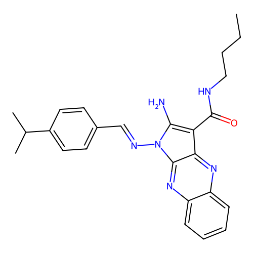 (E)-2-amino-N-butyl-1-((4-isopropylbenzylidene)amino)-1H-pyrrolo[2,3-b]quinoxaline-3-carboxamide structure
