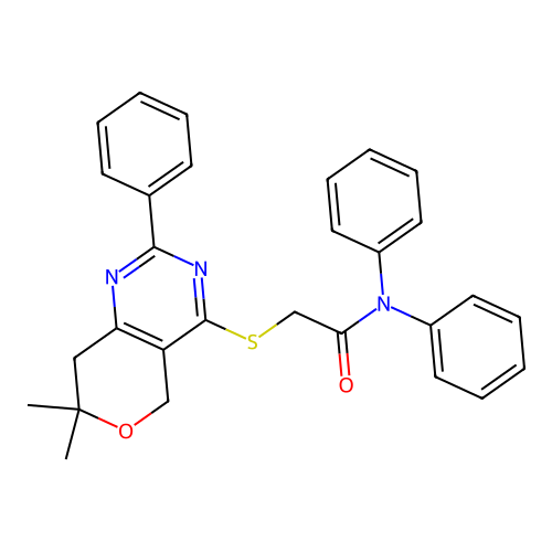 2-((7,7-dimethyl-2-phenyl-7,8-dihydro-5H-pyrano[4,3-d]pyrimidin-4-yl)thio)-N,N-diphenylacetamide structure