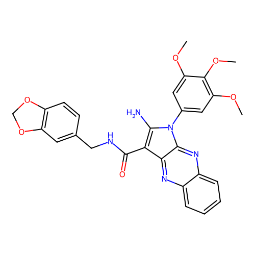 2-amino-N-(1,3-benzodioxol-5-ylmethyl)-1-(3,4,5-trimethoxyphenyl)-1H-pyrrolo[2,3-b]quinoxaline-3-carboxamide structure