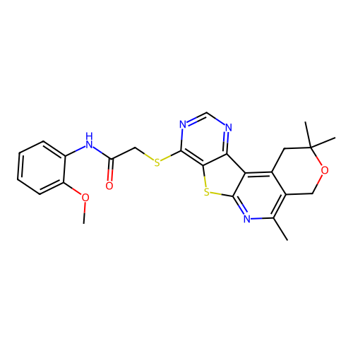 N-(2-methoxyphenyl)-2-((2,2,5-trimethyl-2,4-dihydro-1H-pyrano[4'',3'':4',5']pyrido[3',2':4,5]thieno[3,2-d]pyrimidin-8-yl)thio)acetamide structure