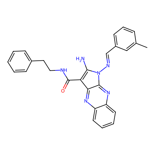 (E)-2-amino-1-((3-methylbenzylidene)amino)-N-phenethyl-1H-pyrrolo[2,3-b]quinoxaline-3-carboxamide structure