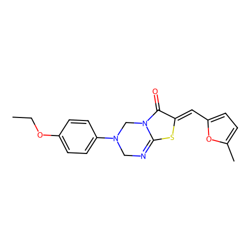 (Z)-3-(4-ethoxyphenyl)-7-((5-methylfuran-2-yl)methylene)-3,4-dihydro-2H-thiazolo[3,2-a][1,3,5]triazin-6(7H)-one structure