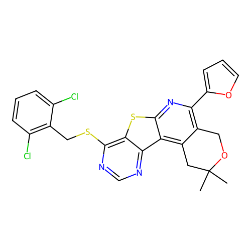 8-((2,6-dichlorobenzyl)thio)-5-(furan-2-yl)-2,2-dimethyl-2,4-dihydro-1H-pyrano[4'',3'':4',5']pyrido[3',2':4,5]thieno[3,2-d]pyrimidine structure