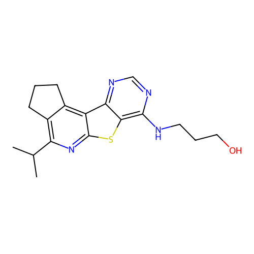 3-((4-isopropyl-2,3-dihydro-1H-cyclopenta[4',5']pyrido[3',2':4,5]thieno[3,2-d]pyrimidin-7-yl)amino)propan-1-ol structure