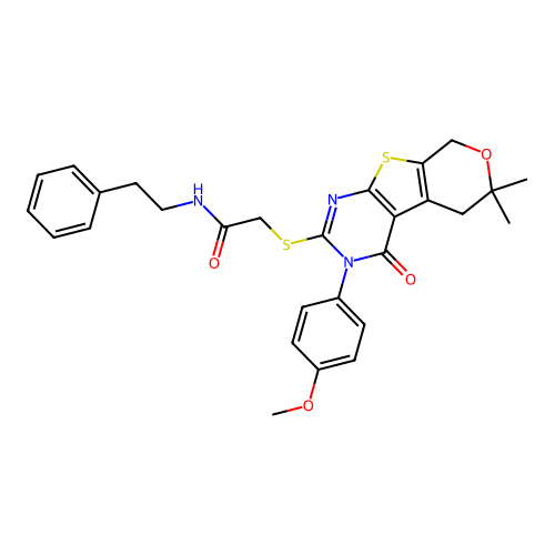 2-((3-(4-methoxyphenyl)-6,6-dimethyl-4-oxo-4,5,6,8-tetrahydro-3H-pyrano[4',3':4,5]thieno[2,3-d]pyrimidin-2-yl)thio)-N-phenethylacetamide structure