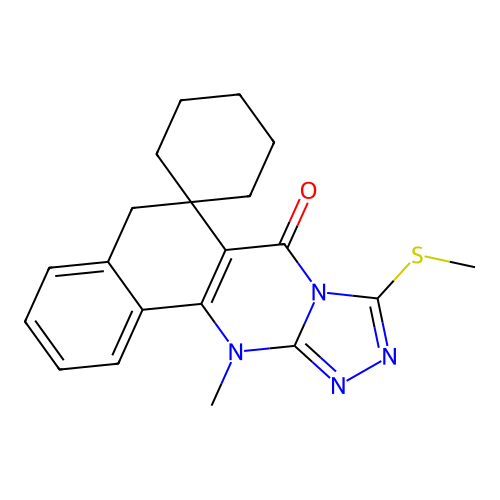 12-methyl-9-(methylthio)-5H-spiro[benzo[h][1,2,4]triazolo[3,4-b]quinazoline-6,1'-cyclohexan]-7(12H)-one structure
