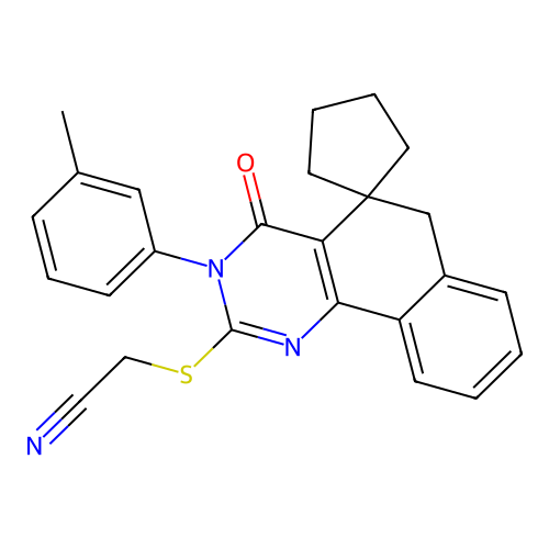 2-((4-oxo-3-(m-tolyl)-4,6-dihydro-3H-spiro[benzo[h]quinazoline-5,1'-cyclopentan]-2-yl)thio)acetonitrile structure