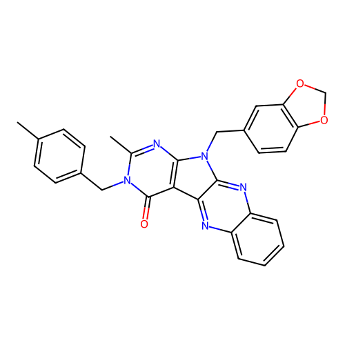 11-(benzo[d][1,3]dioxol-5-ylmethyl)-2-methyl-3-(4-methylbenzyl)-3H-pyrimido[5',4':4,5]pyrrolo[2,3-b]quinoxalin-4(11H)-one structure
