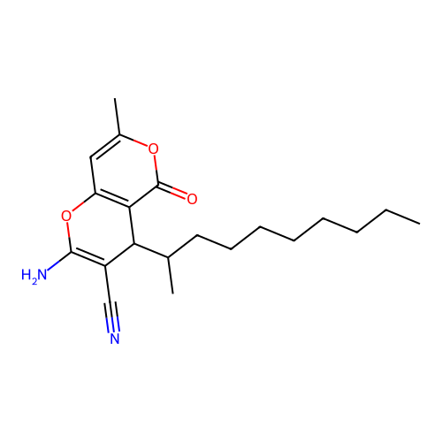 2-amino-4-(decan-2-yl)-7-methyl-5-oxo-4,5-dihydropyrano[4,3-b]pyran-3-carbonitrile structure
