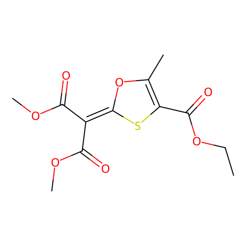 Dimethyl [4-(ethoxycarbonyl)-5-methyl-1,3-oxathiol-2-ylidene]propanedioate structure