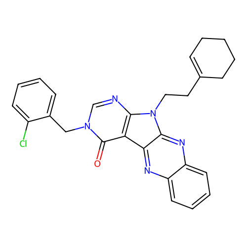 3-(2-chlorobenzyl)-11-(2-(cyclohex-1-en-1-yl)ethyl)-3H-pyrimido[5',4':4,5]pyrrolo[2,3-b]quinoxalin-4(11H)-one structure