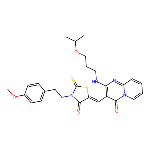 3-[(Z)-{3-[2-(4-methoxyphenyl)ethyl]-4-oxo-2-thioxo-1,3-thiazolidin-5-ylidene}methyl]-2-{[3-(propan-2-yloxy)propyl]amino}-4H-pyrido[1,2-a]pyrimidin-4-one structure