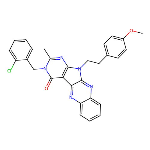 3-(2-chlorobenzyl)-11-(4-methoxyphenethyl)-2-methyl-3H-pyrimido[5',4':4,5]pyrrolo[2,3-b]quinoxalin-4(11H)-one structure