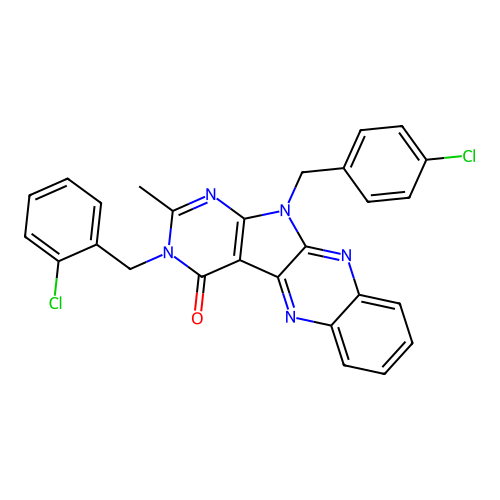 3-(2-chlorobenzyl)-11-(4-chlorobenzyl)-2-methyl-3H-pyrimido[5',4':4,5]pyrrolo[2,3-b]quinoxalin-4(11H)-one structure