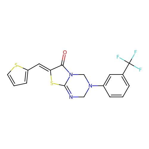 (7Z)-7-(thiophen-2-ylmethylidene)-3-[3-(trifluoromethyl)phenyl]-2,4-dihydro-[1,3]thiazolo[3,2-a][1,3,5]triazin-6-one structure