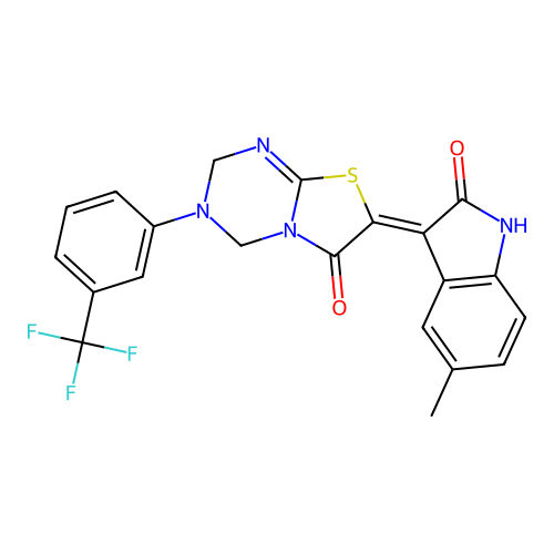 (7Z)-7-(5-methyl-2-oxo-1,2-dihydro-3H-indol-3-ylidene)-3-[3-(trifluoromethyl)phenyl]-3,4-dihydro-2H-[1,3]thiazolo[3,2-a][1,3,5]triazin-6(7H)-one structure