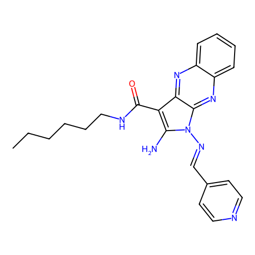 (E)-2-amino-N-hexyl-1-((pyridin-4-ylmethylene)amino)-1H-pyrrolo[2,3-b]quinoxaline-3-carboxamide structure